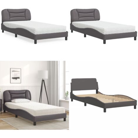 Cama con colchón Hvar cuero sintético gris 100x200 cm - Colchón de espuma - Cama Hvar