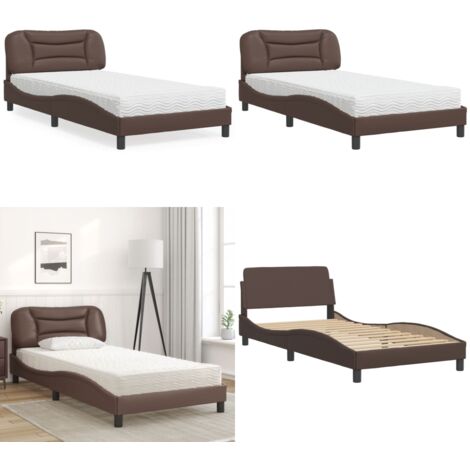 Cama con colchón Hvar cuero sintético marrón 100x200 cm - Colchón de espuma - Cama de madera