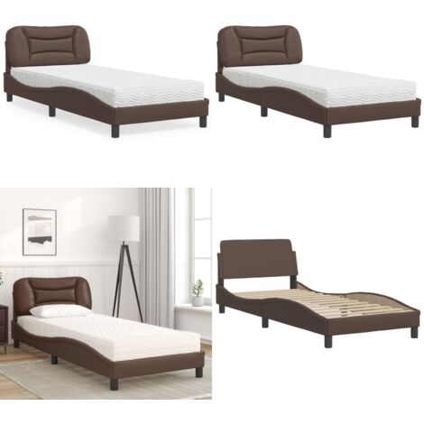 Cama con colchón Hvar cuero sintético marrón 90x190 cm - Colchón de espuma - Cama de cuero sintético