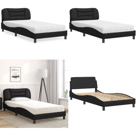 Cama con colchón Hvar cuero sintético negro 100x200 cm - Colchón de espuma - Cama de cuero sintético