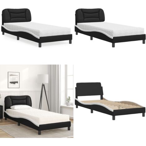 Cama con colchón Hvar cuero sintético negro y blanco 90x190 cm - Colchón de espuma - Cama Hvar