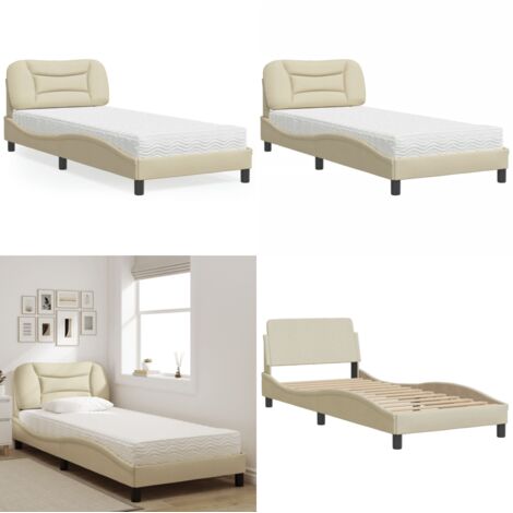 Cama con colchón Hvar tela color crema 90x190 cm - Colchón de espuma - Cama de tela