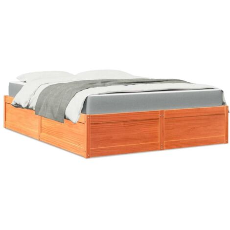 Cama con colchón madera maciza de pino marrón cera 140x200 cm