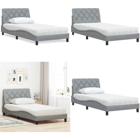 Cama con colchón tela gris claro 100x200 cm - Colchón de espuma - Cama sin somier