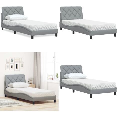 Cama con colchón tela gris claro 90x190 cm - Colchón de espuma - Cama con estructura