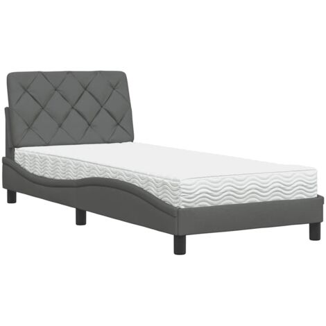 Cama con colchón tela gris oscuro 90x200 cm