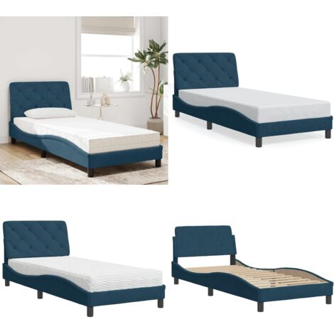 Cama con colchón terciopelo azul 90x190 cm - Colchón de espuma - Cama de terciopelo