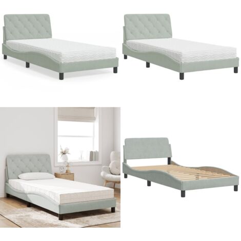 Cama con colchón terciopelo gris claro 100x200 cm - Colchón de espuma - Cama terciopelo