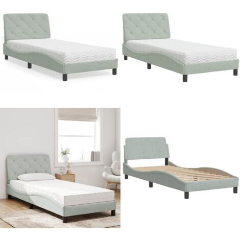 Cama con colchón terciopelo gris claro 90x190 cm - Colchón de espuma - Cama de terciopelo