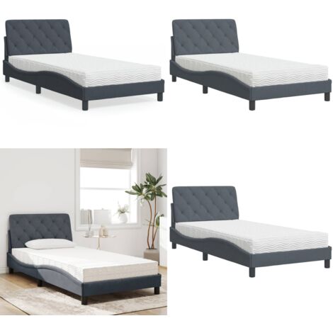 Cama con colchón terciopelo gris oscuro 100x200 cm - Colchón de espuma - Cama de terciopelo