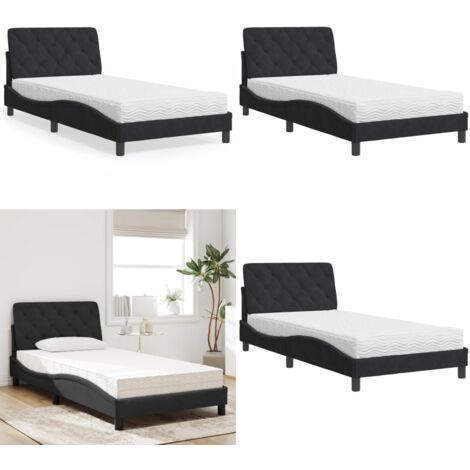 Cama con colchón terciopelo negro 100x200 cm - Colchón de espuma - Cama de terciopelo