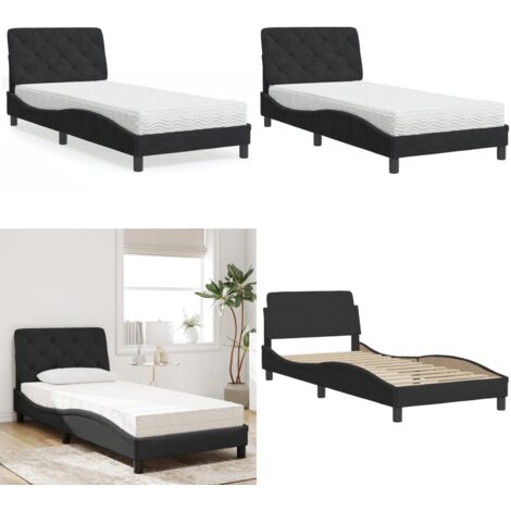 Cama con colchón terciopelo negro 90x190 cm - Colchón de espuma - Cama de terciopelo