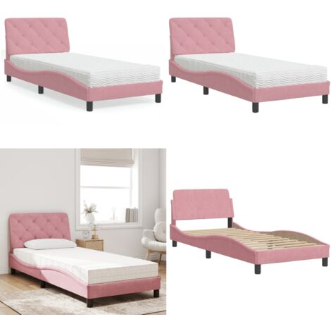 Cama con colchón terciopelo rosa 90x190 cm - Colchón de espuma - Cama terciopelo rosa