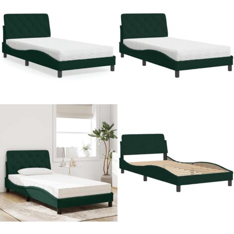 Cama con colchón terciopelo verde oscuro 100x200 cm - Colchón de espuma - Cama de terciopelo