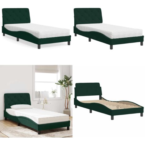 Cama con colchón terciopelo verde oscuro 90x190 cm - Colchón de espuma - Cama de terciopelo
