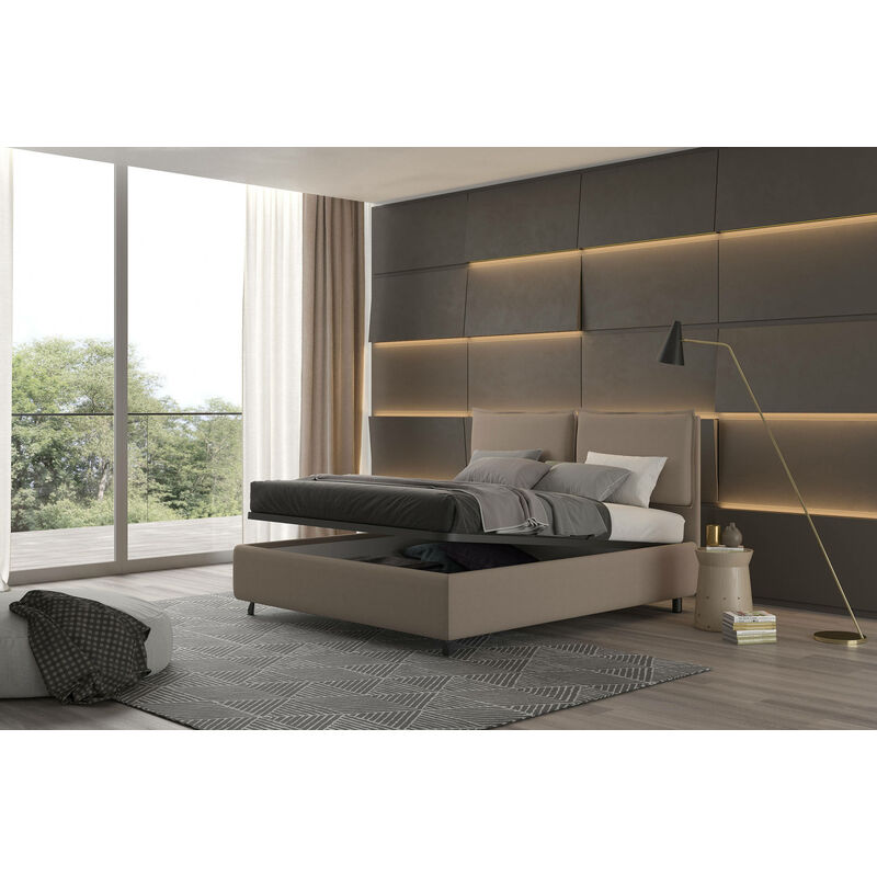 

Cama con almacenaje Bach, Made in Italy, Estructura de tejido acolchado, Apto para colchón de 160x190 cm, Taupe - Talamo Italia