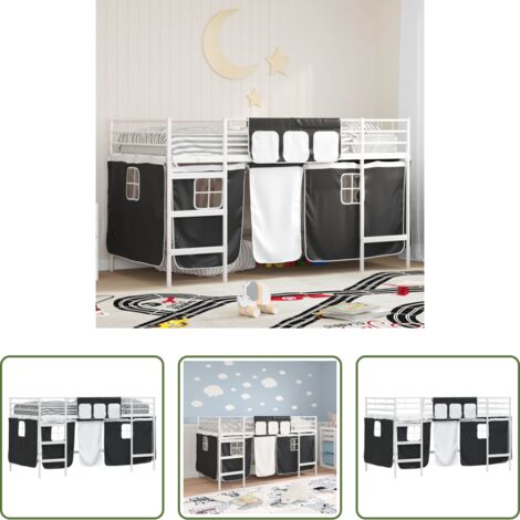 Cama con cortinas -  Estructura de Cama Alta para Niños con Cortinas y Negro
