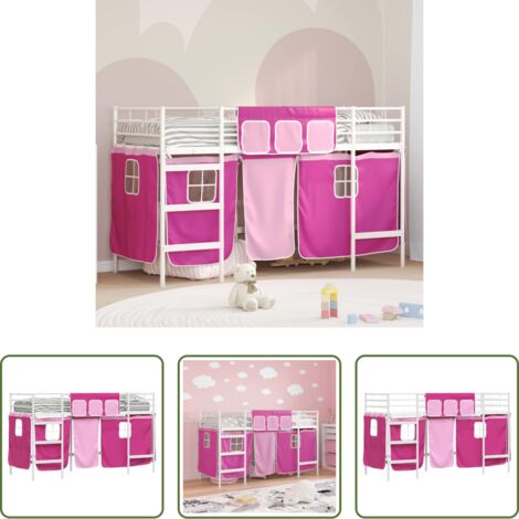 Cama con cortinas -  Estructura de Cama Alta para Niños con Cortinas y rosa