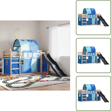 Cama con cortinas - vidaXL Litera con tobogán y cortinas azul 80x200 cm - Cama de madera
