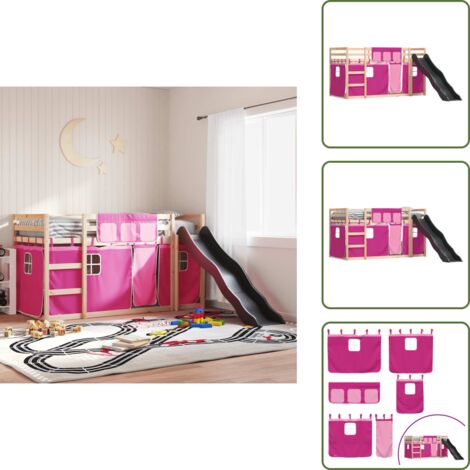 Cama con cortinas - vidaXL Litera con tobogán y cortinas rosa 80x200 cm - Cama de madera