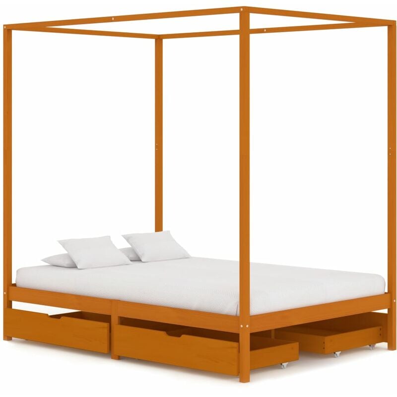 

vidaXL Madera Maciza Pino Estructura de Cama con Dosel 4 Cajones 140x200 cm - Marrón