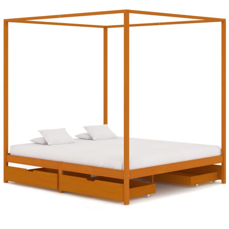 

vidaXL Madera Maciza Pino Estructura de Cama con Dosel 4 Cajones 160x200 cm - Marrón