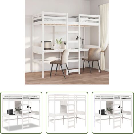 Cama con escritorio -  Cama alta sin colchón madera maciza de pino blanco 75x190 cm