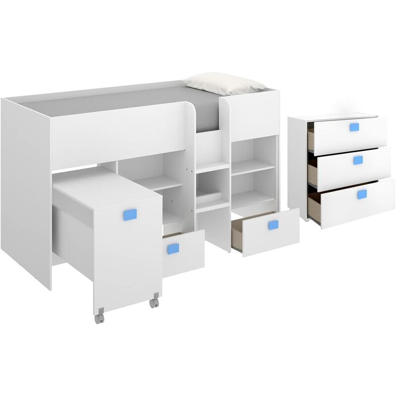 

Hd Deco - Cama con Escritorio extraíble Incorporado, Dos cajones y estanterías, Todo en uno Comoda INCLUIDA Tirador Azul