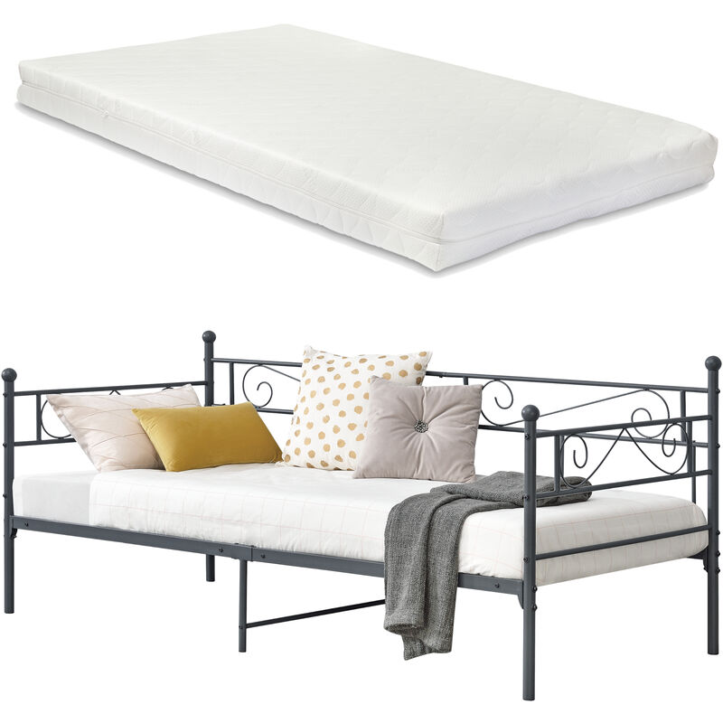

Cama con esctructura de Metal con Colchón Kreava - 90x200cm - Cama Simple - Cama Individual - Reposacabezas y Reposapiés Decorativos - Sofá - Diván