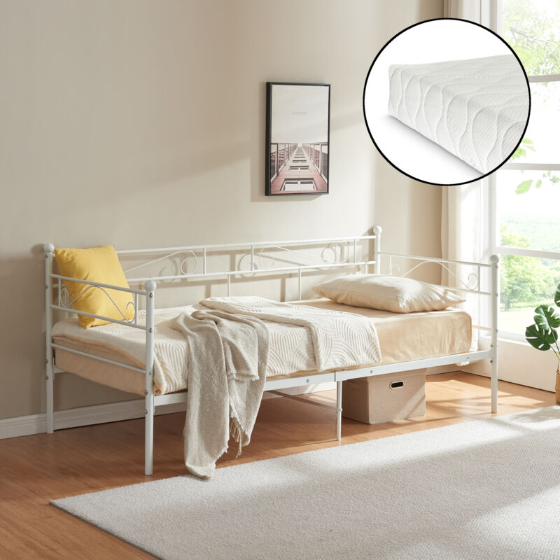 

Cama con esctructura de metal con Colchón - para Una Persona - Armazón de diseño 200 x 100cm - Sofá - Diván - Certificado Öko-Tex 100 - Blanco