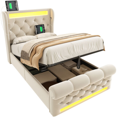 Cama con espacio de almacenamiento de terciopelo beige 90x200 cm con LED, USB/Tipo C y colchón incluido