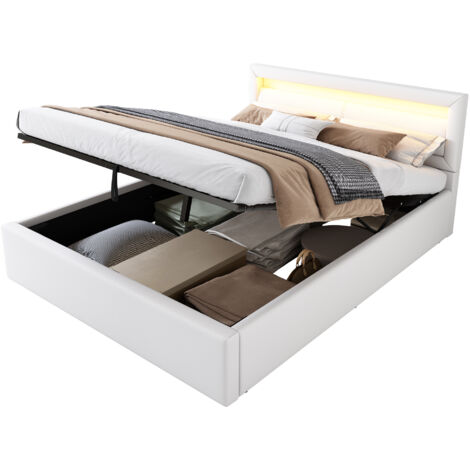 Cama con espacio de almacenamiento en polipiel blanca 140x200 cm con LED, cabecero y somier de láminas incluido