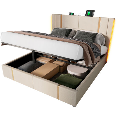 Cama con espacio de almacenamiento tapizada en lino beige 160x200 cm con LED RGB, USB-C y somier de láminas