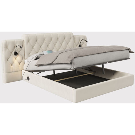 Cama con espacio de almacenamiento terciopelo beige 180x200 cm, cabecero alargado, USB y luces de lectura