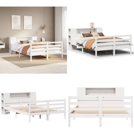 Cama con estantería sin colchón madera maciza blanca 135x190 cm - Cama de madera - Cama sin colchón
