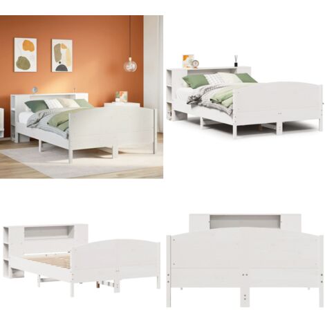 Cama con estantería sin colchón madera maciza blanca 135x190 cm - Cama de madera - Cama sin colchón