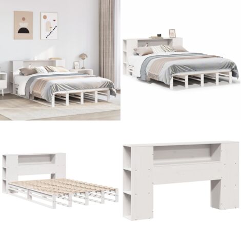 Cama con estantería sin colchón madera maciza blanca 135x190 cm - Cama de madera - Cama sin colchón