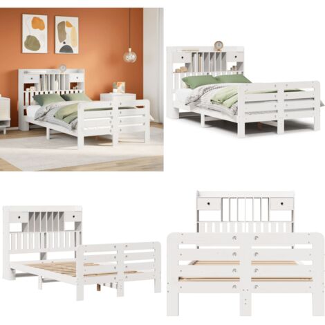 Cama con estantería sin colchón madera maciza blanca 135x190 cm - Cama de madera - Cama sin colchón