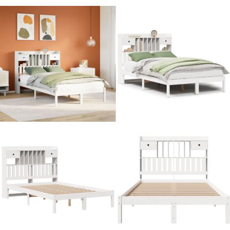 Cama con estantería sin colchón madera maciza blanca 135x190 cm - Cama sin colchón - Cama de madera