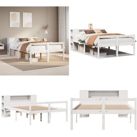 Cama con estantería sin colchón madera maciza blanca 135x190 cm - Cama sin colchón - Cama de madera
