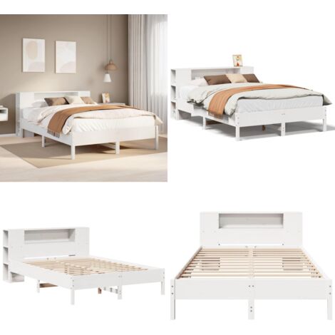 Cama con estantería sin colchón madera maciza blanca 135x190 cm - Cama sin colchón - Cama de madera