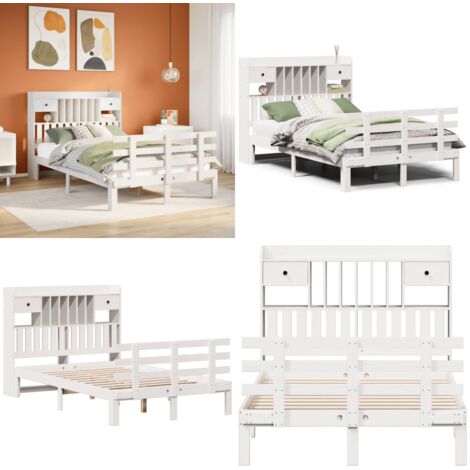 Cama con estantería sin colchón madera maciza blanca 135x190 cm - Cama sin colchón - Cama de madera