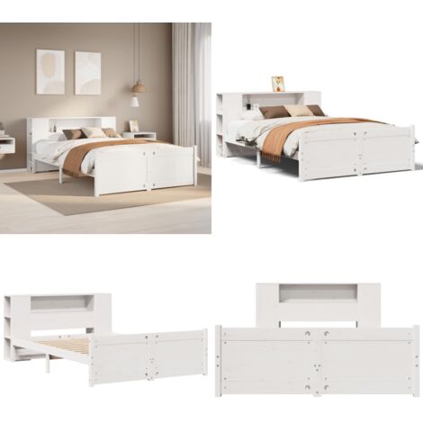 Cama con estantería sin colchón madera maciza blanca 135x190 cm - Cama sin colchón - Cama de madera