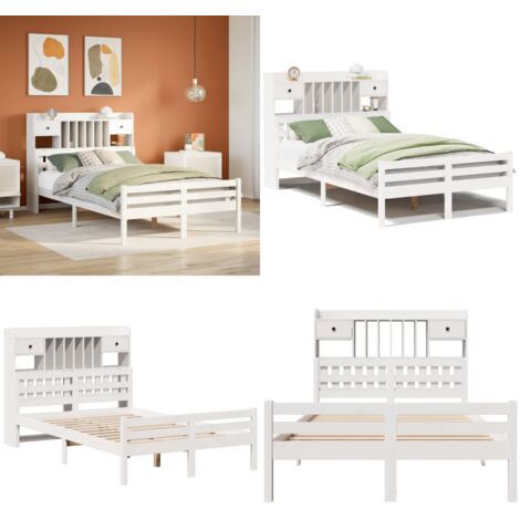 Cama con estantería sin colchón madera maciza blanca 135x190 cm - Cama sin colchón - Cama de madera