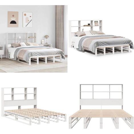 Cama con estantería sin colchón madera maciza blanca 140x190 cm - Cama de madera - Cama sin colchón