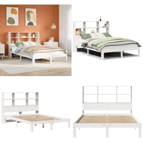 Cama con estantería sin colchón madera maciza blanca 140x190 cm - Cama sin colchón - Cama de madera