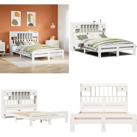 Cama con estantería sin colchón madera maciza blanca 140x190 cm - Cama sin colchón - Cama de madera