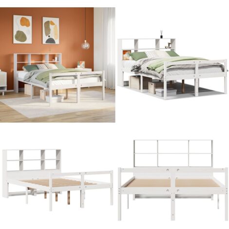 Cama con estantería sin colchón madera maciza blanca 140x190 cm - Cama sin colchón - Cama de madera