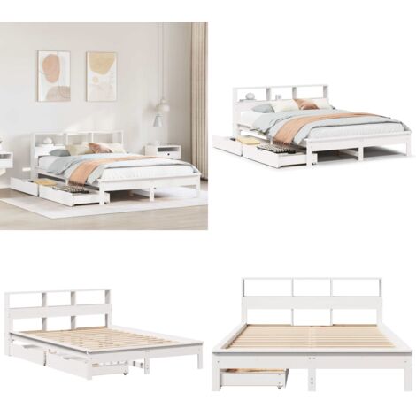 Cama con estantería sin colchón madera maciza blanca 140x190 cm - Cama sin colchón - Cama de madera