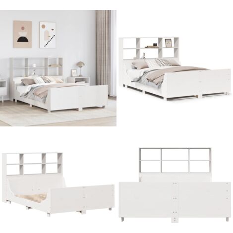 Cama con estantería sin colchón madera maciza blanca 140x190 cm - Cama sin colchón - Cama de madera